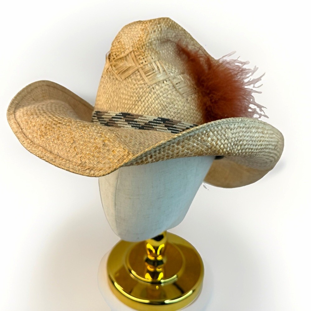 Stetson Roadrunner Beaver Coat Straw Western Cowboy Hat 7 1/8 w/ Feather